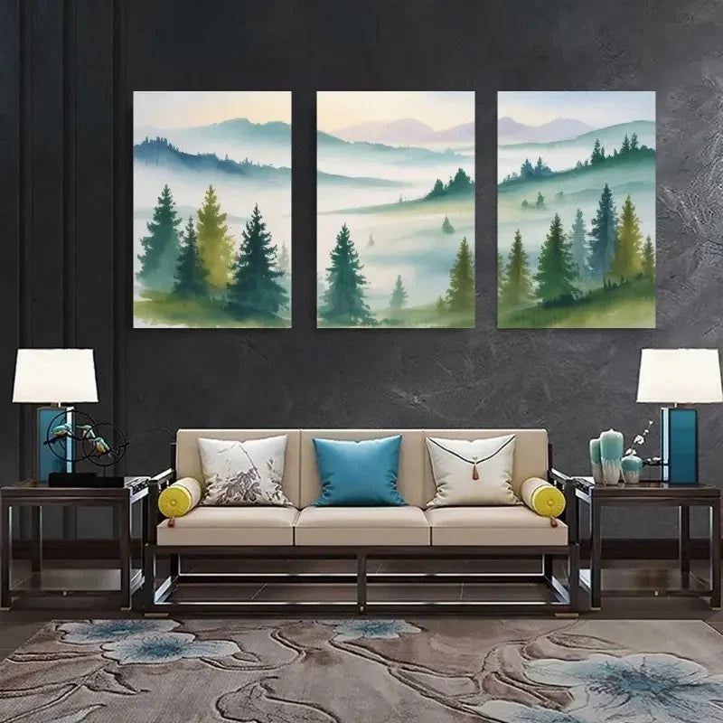 3pcs Misty Mountains & Pine Trees Landscape Metal Print Ready to Hang Art