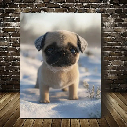 Beautiful Cute Pug Puppy In Snow Painting 40x60cm Metal Print Ready to Hang
