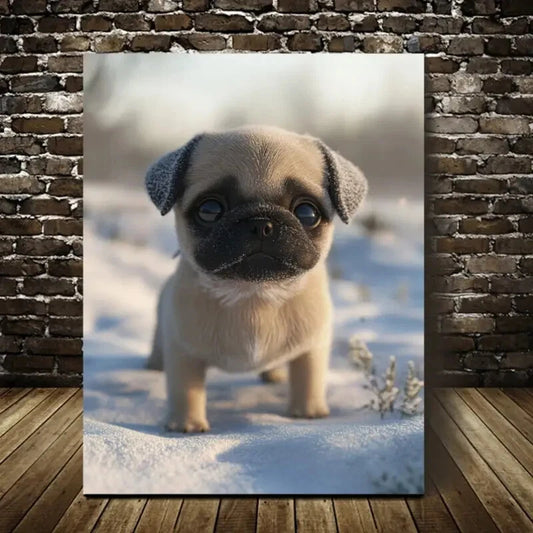 Beautiful Cute Pug Puppy In Snow Painting 40x60cm Metal Print Ready to Hang