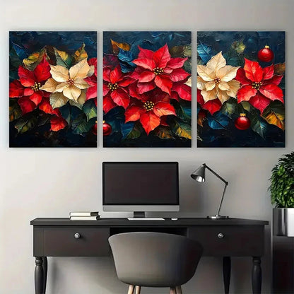 3pcs Poinsettia Florals Impasto Illustration Metal Print Ready to Hang Art