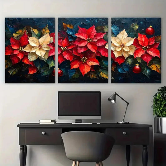 3pcs Poinsettia Florals Impasto Illustration Metal Print Ready to Hang Art