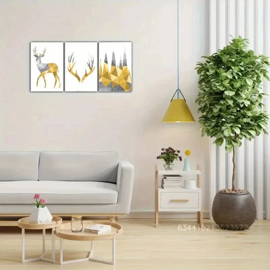 3pcs Geometric Wall Art Yellow And Grey Art Print Metal Print Ready to Hang Art