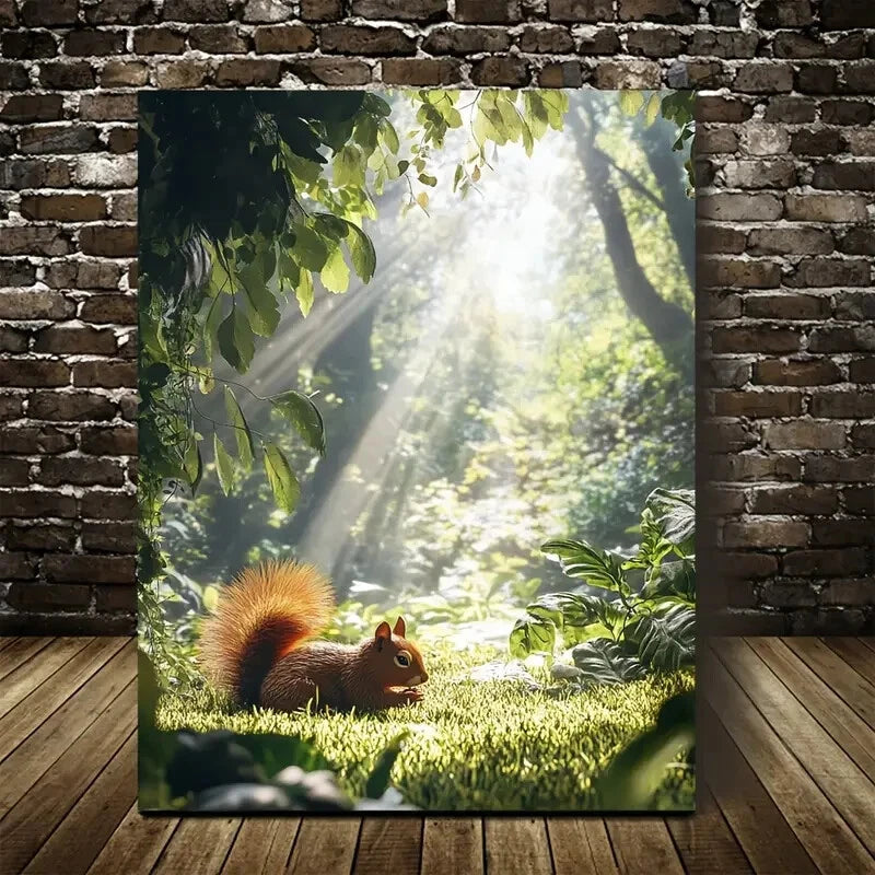 Enchanting Squirrel in Jungle Sunlight Painting 40x60cm Metal Print Ready to Hang