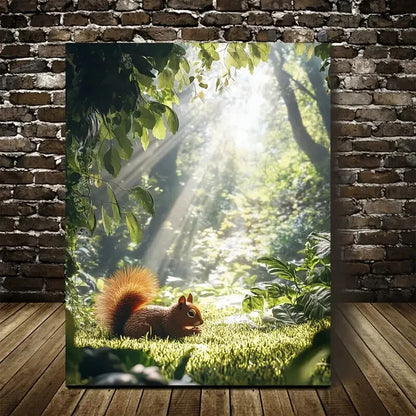 Enchanting Squirrel in Jungle Sunlight Painting 40x60cm Metal Print Ready to Hang