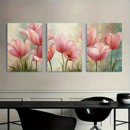 3pcs Painting of Pink Tulips Pastels Metal Print Ready to Hang Art