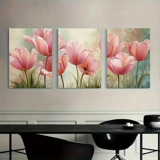 3pcs Painting of Pink Tulips Pastels Metal Print Ready to Hang Art