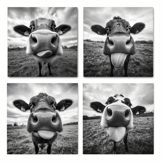 4pcs- Black & White Highland CattleWall Art Canvas Framed