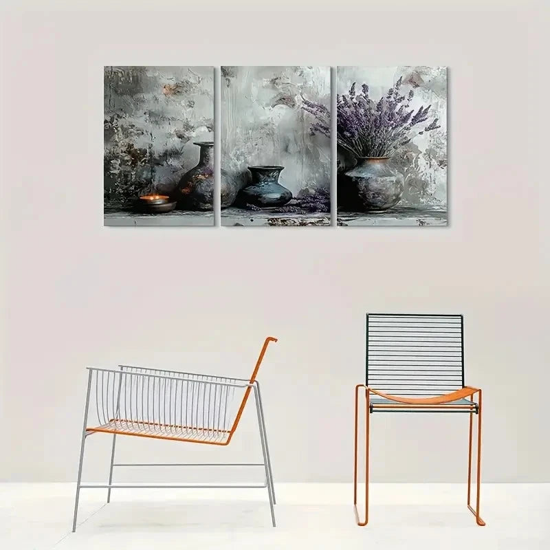 3pcs Rustic Vase with Lavender Flower Metal Print Ready to Hang Art