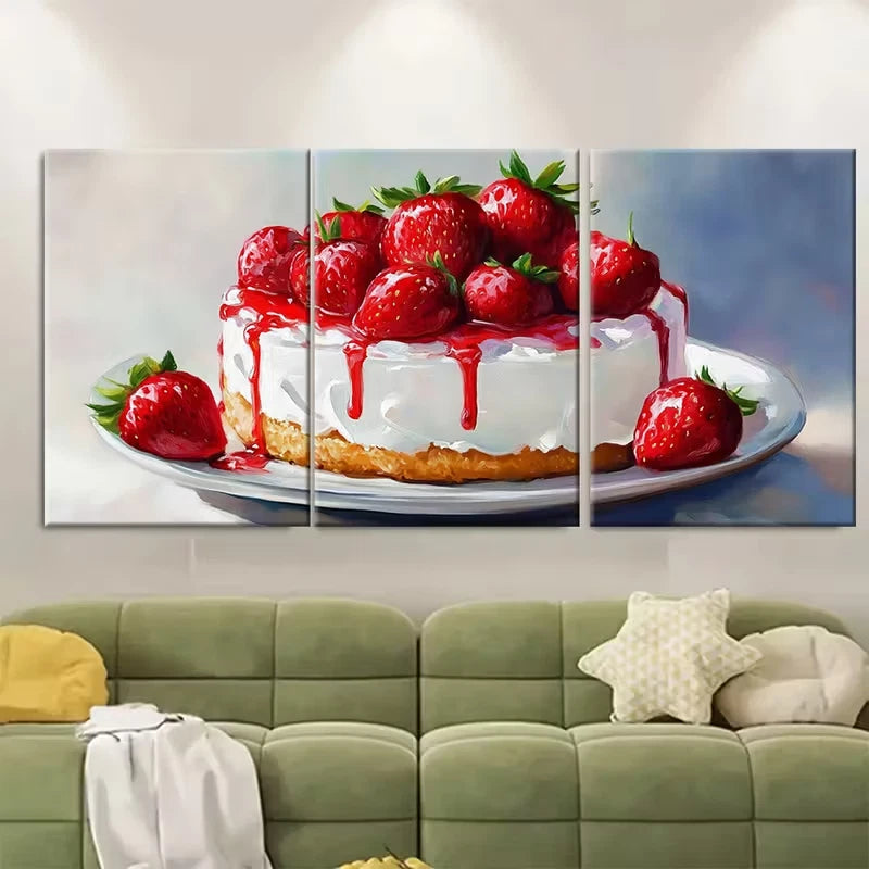 3pcs Strawberry Cake Impasto Metal Print Ready to Hang Art