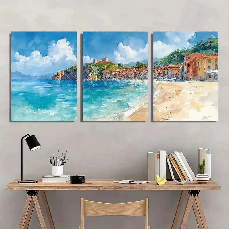 3pcs Italian Landscape Watercolor Coastal Town Metal Print Ready to Hang Art