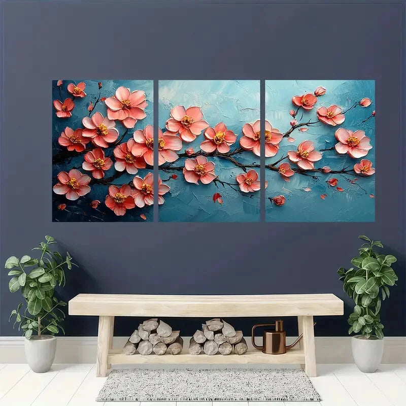 3pcs Cherry Blossom Oil Impasto Perfect Wall Art Set Canvas Framed 40x60cm - High Quality Print 100% Australian Made Wall Canvas Ready to Hang