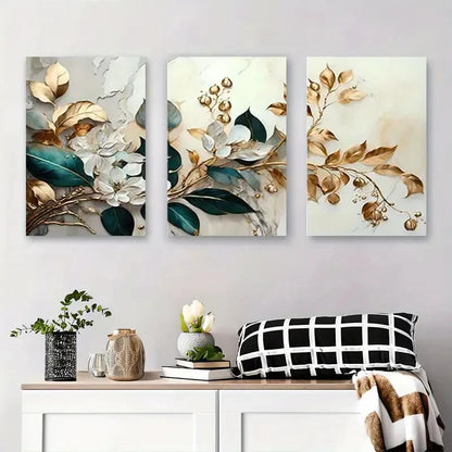 3pcs Elegant Floral & Golden Leaves Flower Metal Print Ready to Hang Art