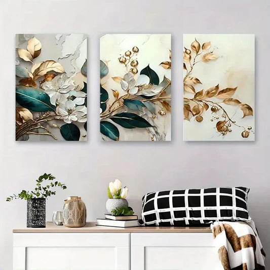3pcs Elegant Floral & Golden Leaves Flower Metal Print Ready to Hang Art