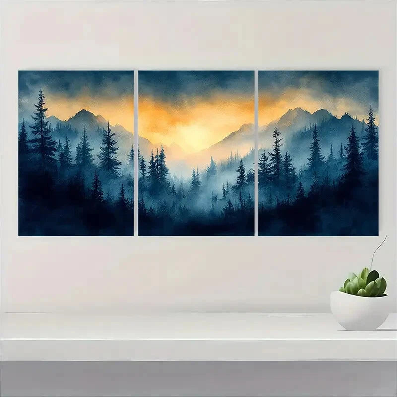 3pcs Vermont Landscape Foggy Forest with Golden Metal Print Ready to Hang Art