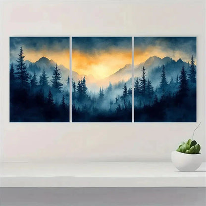 3pcs Vermont Landscape Foggy Forest with Golden Metal Print Ready to Hang Art