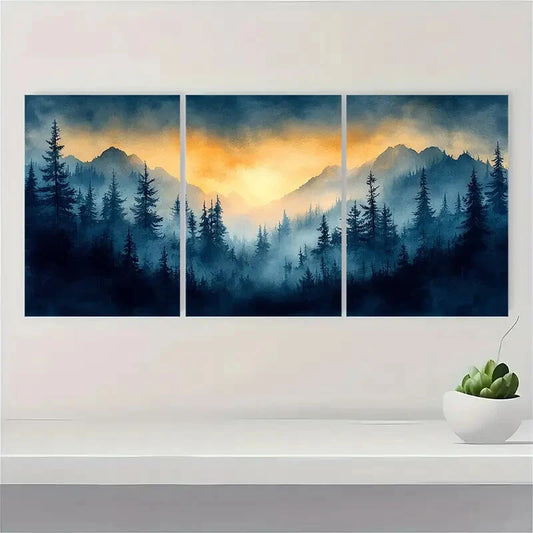 3pcs Vermont Landscape Foggy Forest with Golden Metal Print Ready to Hang Art