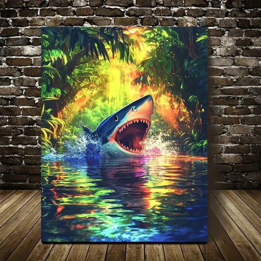 Shark Splash Jungle Scene with Rainbow Painting 40x60cm Metal Print Ready to Hang