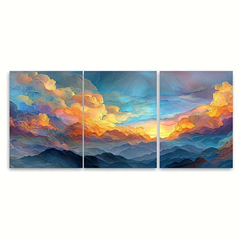 3pcs Sunset Landscape & Cloud Abstract Metal Print Ready to Hang Art