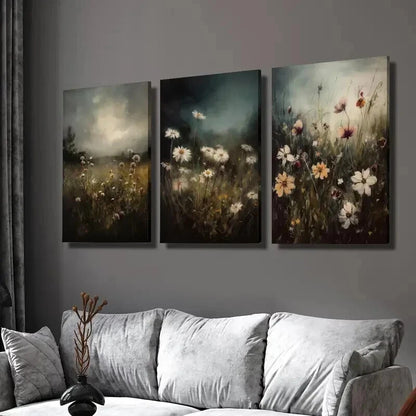 3pcs Dark Background & Floral Landscape Wall Art Set Canvas Framed 40x60cm - High Quality Print 100% Australian Made Wall Canvas Ready to Hang