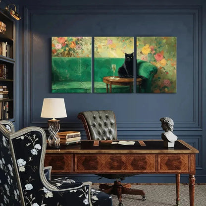 3pcs Elegant Black Cat Green Sofa Floral Metal Print Ready to Hang Art