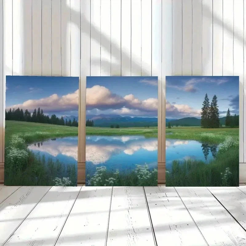 3pcs White Flowers Green Meadow Mountain Metal Print Ready to Hang Art