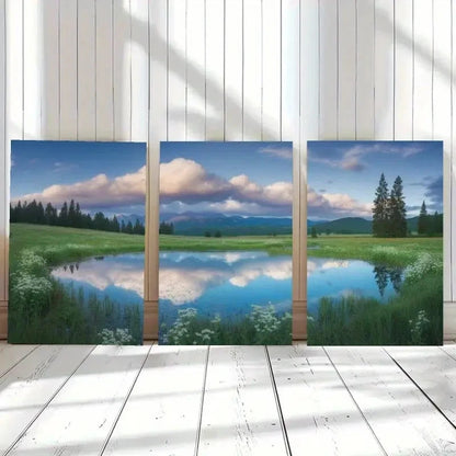 3pcs White Flowers Green Meadow Mountain Metal Print Ready to Hang Art