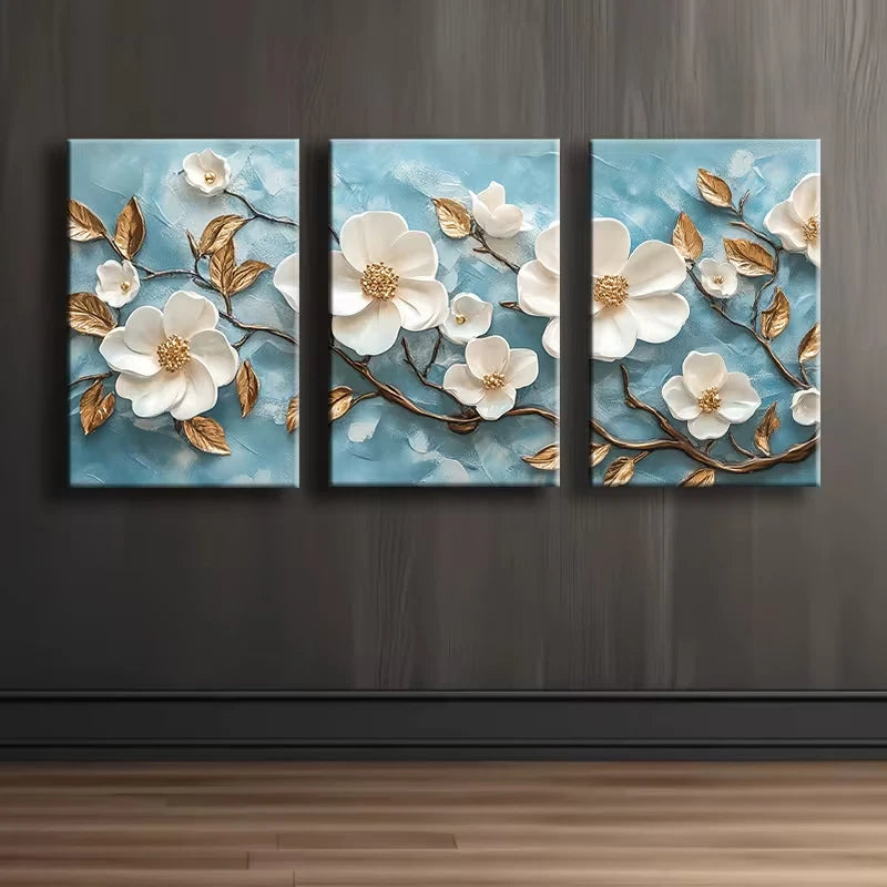 3pcs Beautiful White Florals and Golden Leaves Wall Art Set Canvas Framed 50x70cm - High Quality Print 100% Australian Made Wall Canvas Ready to Hang