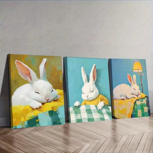 3pcs Featuring Rabbits In A Table Wall Art Set Canvas Unframed - High Quality Print 100% Australian Made Wall Canvas