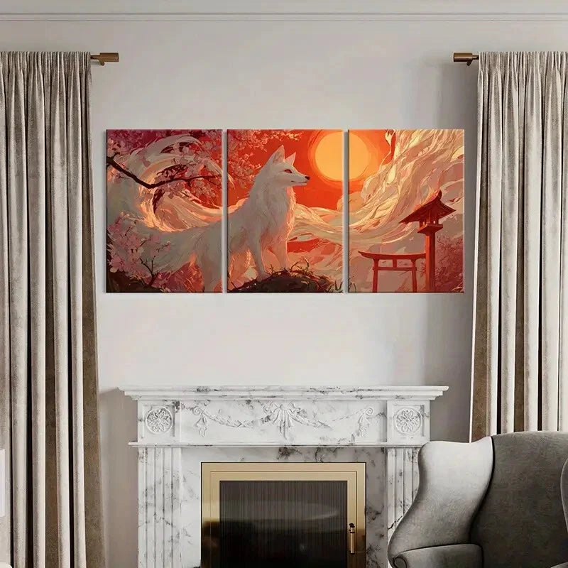 3pcs White Fox, Cherry Blossoms Sunset Sky Metal Print Ready to Hang Art