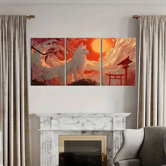 3pcs White Fox, Cherry Blossoms Sunset Sky Metal Print Ready to Hang Art