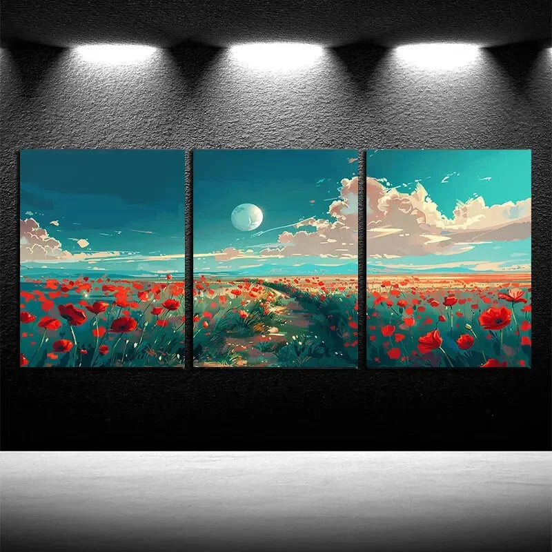 3pcs Vibrant Floral Fields and Moonlit Sky Metal Print Ready to Hang Art