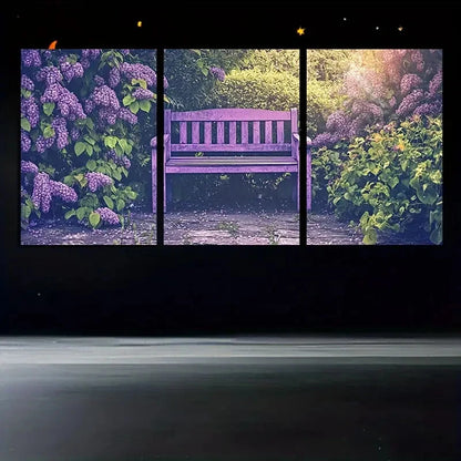 3pcs Vibrant Purple Bench in The Forest Metal Print Ready to Hang Art