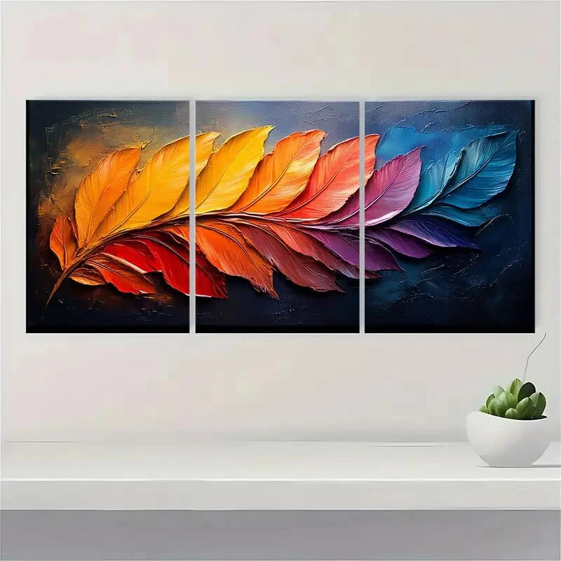 3pcs Art Abstract Colorful Feather Oil Painting Metal Print Ready to Hang Art