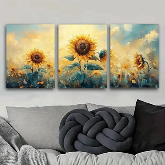 3pcs Sunflower Vibrant Floral Landscape Decor Metal Print Ready to Hang Art