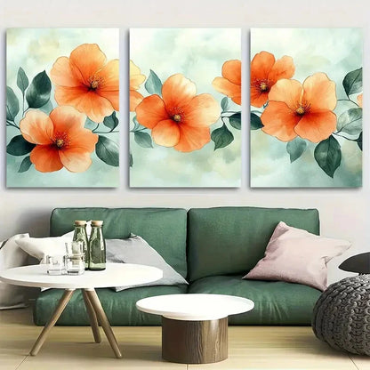 3pcs Soft Peach Floral with Green Leaves Metal Print Ready to Hang Art