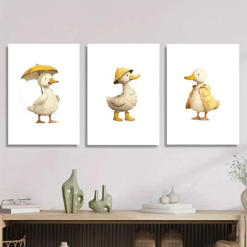 3pcs cute duck holding umbrella wearing hat Metal Print Ready to Hang Art
