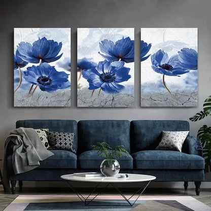 3pcs Blue Flowers Posters Abstract Flower Canvas Framed 60x90 cm - High Quality Print 100% Australian Made Wall Canvas Ready to Hang