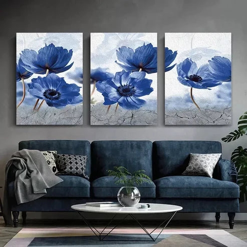 3pcs Blue Flowers Posters Abstract Flower Canvas Framed 60x90 cm - High Quality Print 100% Australian Made Wall Canvas Ready to Hang