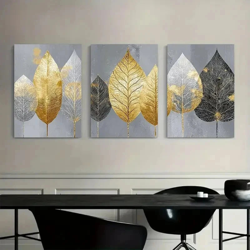 3pcs Elegant Golden and Silvery Leaves on Grey Metal Print Ready to Hang Art