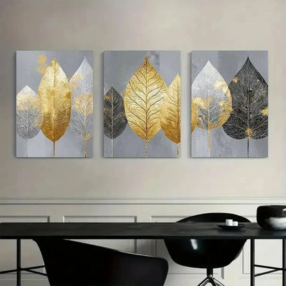 3pcs Elegant Golden and Silvery Leaves on Grey Metal Print Ready to Hang Art