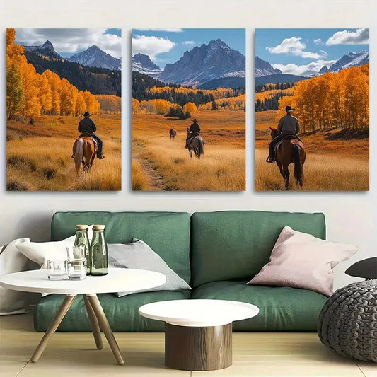 3pcs Autumn Mountain Landscape with Riders & Horse Metal Print Ready to Hang Art