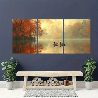3pcs Abstract Lakeside Landscape with Ducks Metal Print Ready to Hang Art
