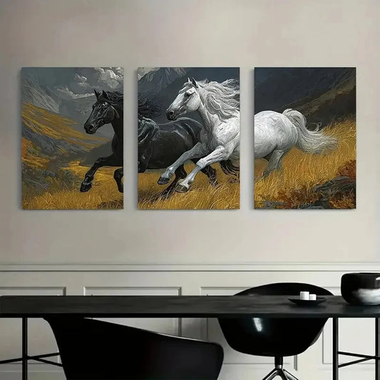 3pcs Galloping Black & White Horses in Valley Metal Print Ready to Hang Art