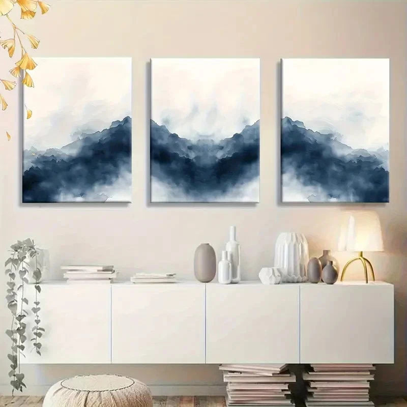 3pcs Blue and White Abstract Zen Scenery Metal Print Ready to Hang Art