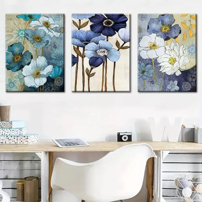 3pcs  Abstract floral blue for Lotus Flowers Wall Art Set Canvas Framed 40x60cm - High Quality Print 100% Australian Made Wall Canvas Ready to Hang