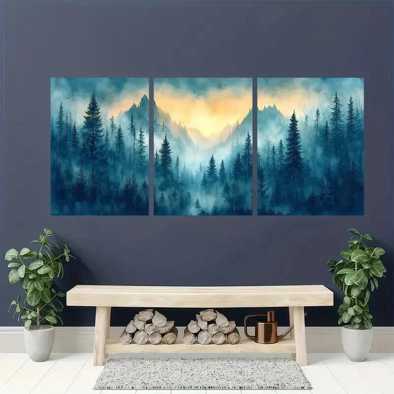 3pcs Misty Forest Landscape with Sunset Evergreen Metal Print Ready to Hang Art
