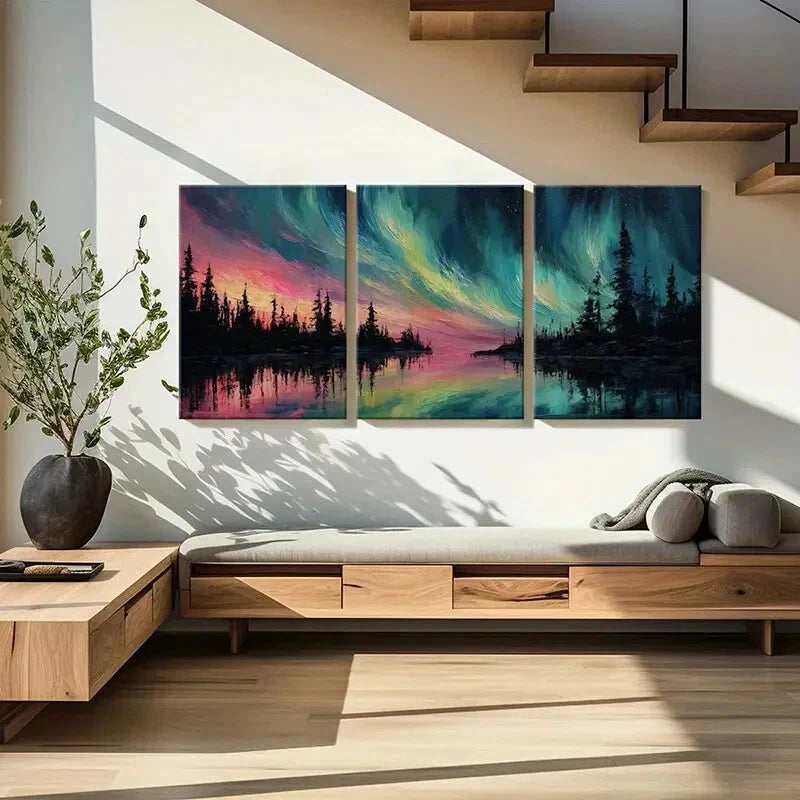 3pcs Northern Lights Forest Reflection Abstract Metal Print Ready to Hang Art