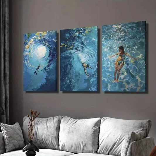 3pcs Swimming in Sea Nature Landscape Wall Art Set Canvas Framed 40x60cm - High Quality Print 100% Australian Made Wall Canvas Ready to Hang