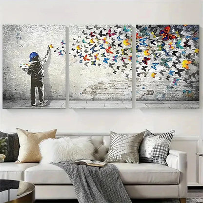 3pcs Child Painting Butterflies Wall Art Set Canvas Framed 40x60cm - High Quality Print 100% Australian Made Wall Canvas Ready to Hang