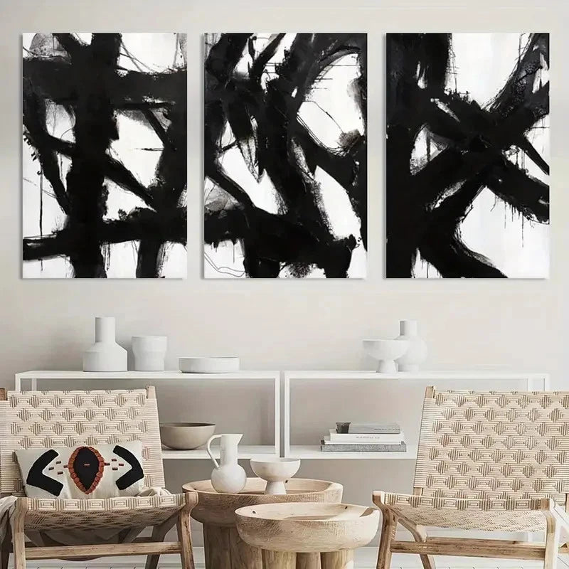 3pcs Painting Black and White Abstract Wall Art Metal Print Ready to Hang Art